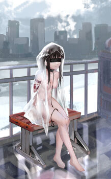 1girl absurdres arms_behind_back barefoot bdsm bench black_hair bondage bound bound_arms breasts cityscape coat collar collarbone exhibitionism feet female_focus full_body groin highres large_breasts leash long_hair naked_coat nipples nude original parted_lips public_indecency railing rain raincoat see-through_clothes see-through_raincoat shibari sidelocks sitting slave solo thighs toes wet yuanfang_de_baihua_lu00edn