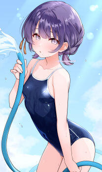 1girl bare_shoulders blue_one-piece_swimsuit blue_sky blush breasts chiyosuke_(nosuke21) collarbone commentary_request commission cowboy_shot day gakuen_idolmaster grey_eyes hair_ornament hataya_misuzu highres holding holding_hose hose idolmaster leaning_forward looking_at_viewer mole mole_under_mouth one-piece_swimsuit outdoors parted_lips purple_hair school_swimsuit short_hair skeb_commission sky small_breasts solo swimsuit tassel tassel_hair_ornament water