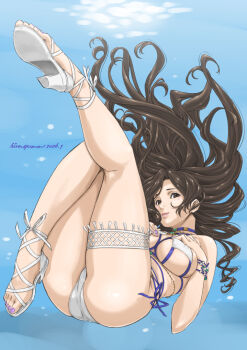 1girl ass bare_shoulders bikini bracelet breasts brown_eyes brown_hair choker cleavage commentary_request covered_erect_nipples dead_or_alive dead_or_alive_xtreme dead_or_alive_xtreme_venus_vacation hiragoma jewelry large_breasts lipstick long_hair looking_at_viewer makeup mole mole_under_eye ocean pink_lips sandals sayuri_(doa) side-tie_bikini_bottom signature smile solo swimsuit thigh_strap thighs underwater water white_bikini white_sandals