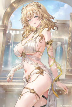 1girl :d :q adapted_costume aglaea_(honkai:_star_rail) arched_back bare_shoulders bikini blonde_hair blue_sky blush breast_tattoo breasts commentary cowboy_shot curvy day earrings female_pervert fingernails from_side green_eyes half-closed_eyes head_wreath highres honkai:_star_rail honkai_(series) jewelry large_breasts laurel_crown licking_lips light_smile looking_at_viewer machi_(machi0910) medium_hair nail_polish navel open_mouth outdoors paid_reward_available pervert revealing_clothes bad_tag sideboob sky smile smug solo stomach swimsuit tattoo thigh_strap thighs tongue tongue_out twitter_username wet white_bikini yellow_nails