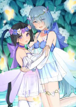 2boys :d absurdres alternate_costume babydoll black_hair blue_bow blue_eyes blue_flower blue_hair blurry blurry_background blush bow bow_shorts brooch bug butterfly butterfly_brooch butterfly_hair_ornament collarbone crossdressing crossdressing_(mtf) curtained_hair dress elbow_gloves eyes_visible_through_hair fairy_wings feet_out_of_frame flower frilled_arm_warmers frilled_gloves frills fubuki_(nige_jouzu_no_wakagimi) gloves glowing_butterfly hair_ornament hair_over_one_eye hand_on_another&#039;s_arm hand_on_another&#039;s_waist hand_on_own_chest head_wreath highres houjou_tokiyuki_(nige_jouzu_no_wakagimi) hug hydrangea insect jewelry kneeling leaf light_blush long_hair looking_at_viewer low-tied_long_hair low_ponytail low_wings male_focus multiple_boys neck_ribbon necklace nige_jouzu_no_wakagimi open_mouth parted_bangs pearl_necklace pectoral_cleavage pectorals pome_56 ponytail purple_bow purple_eyes purple_flower purple_ribbon ribbon ring see-through_babydoll see-through_clothes shorts sidelocks_tied_back smile spaghetti_strap strapless strapless_dress thighhighs thighlet very_long_hair water white_arm_warmers white_flower white_gloves white_thighhighs wings yellow_butterfly