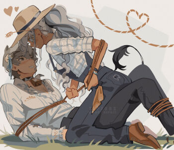 Rule 34 | 1boy, 1girl, black pants, blue overalls, bound, bracelet, brown shoes, commentary, cow boy, cow horns, cow tail, english commentary, girl on top, hat, heart, highres, horns, jewelry, metaphor: refantazio, overalls, pants, ponytail, protagonist (metaphor: refantazio), shirt, shoes, strohl (metaphor: refantazio), tail, tied up (nonsexual), white hair, white shirt, zipsunz