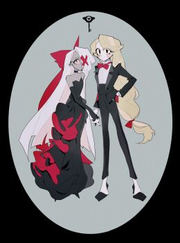 2girls absurdres alternate_costume bare_shoulders black_border black_choker black_dress black_eyes black_gloves black_jacket black_nails black_pants black_shoes blonde_hair border bow bowtie charlie_morningstar choker circle_facial_mark closed_mouth collared_shirt colored_sclera colored_skin commentary_request dress earrings elbow_gloves eyepatch eyes_visible_through_hair facial_mark film_grain fingernails formal_clothes full_body gloves green_background grey_skin hair_bow hair_over_one_eye hand_on_own_hip hazbin_hotel hellaverse higa423 high-waist_pants high_heels highres holding_hands jacket jewelry key long_dress long_fingernails long_hair long_sleeves looking_at_viewer low-tied_long_hair multiple_girls nail_polish open_clothes open_jacket oval_image pants pink_sclera red_bow red_bowtie round_image shirt shoes simple_background skull_earrings smile strapless strapless_dress traditional_bowtie tuxedo vaggie very_long_hair white_hair white_skin wing_collar yellow_sclera yuri