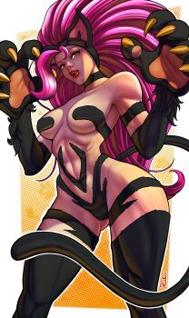 1girl abs animal_ears animal_hands bare_shoulders black_fur breasts cat_ears cat_girl cat_tail claws darkstalkers felicia_(darkstalkers) gluteal_fold highres long_hair medium_breasts official_alternate_color orange_eyes pink_hair rankgo tail tongue very_long_hair wide_hips