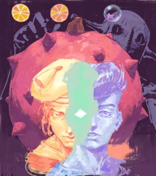 2boys alternate_color bubble hat highres holo303 jojo_no_kimyou_na_bouken jojolion kira_yoshikage_(jojolion) kujo_josefumi locacaca looking_at_viewer male_focus multiple_boys overlapped_images pompadour sailor sailor_hat short_hair soft_&amp;_wet star_(symbol) venn_diagram