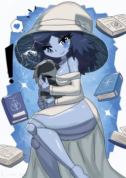 ! 1girl absurdres barefoot blue_background blue_eyes blue_hair blue_lips blue_skin blush book breasts character_doll collarbone colored_skin doll doll_joints dress elden_ring extra_arms fromsoftware hat heart highres holding holding_stuffed_toy hugging_object joints long_hair long_sleeves looking_at_viewer medium_breasts off-shoulder_dress off_shoulder one_eye_closed ranni_the_witch side_slit sitting smile sparkle speech_bubble spoken_heart stuffed_toy tarnished_(elden_ring) thick_thighs thighs tony_welt white_dress white_hat wide_hips wink witch witch_hat