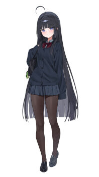 1girl ahoge bag bag_charm black_cardigan black_hair black_pantyhose black_shirt black_skirt blue_eyes blunt_bangs blunt_sidelocks bow bowtie cardigan charm_(object) closed_mouth expressionless full_body hair_over_shoulder hand_up highres hime_cut indie_virtual_youtuber long_hair long_sleeves looking_at_viewer mang_nae_(vtuber) miniskirt n4_h4m pantyhose pleated_skirt red_bow red_bowtie school_bag school_uniform shirt shoulder_bag sidelocks simple_background skirt sleeves_past_fingers sleeves_past_wrists solo standing straight-on very_long_hair virtual_youtuber white_background