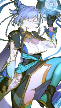 1girl aqua_thighhighs blue_hair braid breasts bun_with_braided_base chinese_hairpin cleavage closed_mouth commentary_request dracotail_faimena dragon_girl dragon_tail duel_monster eastern_dragon_tail glasses hair_bun highres long_hair medium_breasts sen-jou simple_background solo tail thighhighs very_long_hair water white_background yellow-framed_eyewear yu-gi-oh!