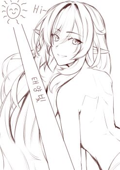 1girl absurdres back breasts commentary_request elysia_(honkai_impact) english_text hair_between_eyes highres honkai_(series) honkai_impact_3rd korean_commentary korean_text large_breasts light_censor lineart long_hair looking_at_viewer looking_back median_furrow parted_lips pointy_ears pyeong_il shoulder_blades sidelocks smile solo sun