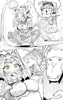 absurdres armor bikini_armor blue_eyes blush breasts cleavage detached_sleeves elbow_gloves gloves heart highres honey horns kirin_(armor) long_hair medium_breasts midriff monkey monster monster_hunter_(series) multiple_girls navel niwarhythm open_mouth ponytail rajang shoulder_armor single_horn spoken_heart spot_color sun sweat uvula weapon yellow_eyes zinogre_(armor)