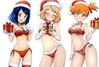 3girls :d bell bikini blue_eyes blue_hair blush box breasts brown_hair christmas cleavage closed_eyes closed_mouth collarbone cowboy_shot eyelashes fur-trimmed_bikini fur-trimmed_headwear fur_cuffs fur_trim gift gift_box gloves green_eyes hair_ornament hairclip hands_up hat holding holding_gift jewelry liko_(pokemon) looking_at_viewer medium_breasts medium_hair misty_(pokemon) multiple_girls navel necklace nintendo omegaleoex one_side_up open_mouth orange_hair pokemon pokemon_(anime) pokemon_(classic_anime) pokemon_horizons pokemon_rgby pokemon_xy red_bikini red_ribbon red_thighhighs ribbon santa_bikini santa_costume santa_hat serena_(pokemon) short_hair side-tie_bikini_bottom side_ponytail simple_background smile standing swimsuit thighhighs tongue white_background white_gloves wrist_cuffs