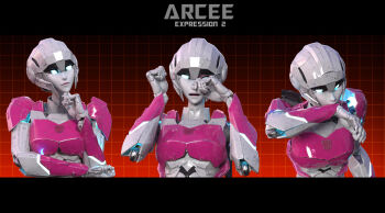 1girl 3d arcee autobot blender_(medium) blue_eyes breasts colored_skin glowing glowing_eyes hand_on_own_chin helmet highres humanoid_robot kevin_lumoindong medium_breasts metal_skin multiple_expressions pink_lips robot robot_girl science_fiction solo transformers upper_body white_skin
