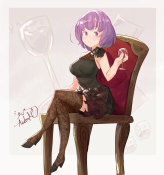 Rule 34 | 1girl, alcohol, alternate costume, arm at side, artist name, bare shoulders, black dress, black shoes, black thighhighs, bob cut, border, breasts, chair, closed mouth, crossed legs, cup, cupping glass, dress, drink, drinking glass, female focus, floral print, floral print thighhighs, frilled dress, frills, full body, grey background, grey border, hai to gensou no grimgar, high heels, highres, holding, holding drink, holding drinking glass, looking at viewer, matching hair/eyes, medium breasts, on chair, outside border, print thighhighs, purple eyes, purple hair, shihoru (grimgar), shoes, short dress, short hair, sidelocks, signature, sitting, sleeveless, sleeveless dress, solo, spindle (aidenr0), split mouth, thighhighs, wine, wine glass