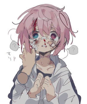 2boys ? absurdres abuse bandaid bandaid_on_cheek bandaid_on_face bandaid_on_nose black_hoodie black_shirt bleeding blood blood_from_forehead blood_on_face blue_eyes bruise bruise_on_face bruise_on_neck collarbone commentary_request crying crying_with_eyes_open dashed_eyes disembodied_hand dull_eyes empty_eyes facing_viewer furrowed_brow guro heterochromia highres hood hood_down hoodie hurt in_pain injury long_sleeves looking_at_viewer male_focus messy_hair multicolored_hoodie multiple_boys nosebleed open_mouth original pink_eyes pink_hair pov pov_hands raito-kun_(uenomigi) shirt simple_background solo speech_bubble spoken_question_mark sweat tears teeth trap uenomigi upper_body white_background white_hoodie wide-eyed