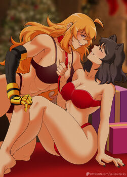 2girls abs animal_ears artist_name ass black_bra black_hair black_panties blake_belladonna blonde_hair blush bra breasts cat_ears christmas christmas_tree collar eye_contact gift hand_on_another's_knee highres large_breasts leash long_hair looking_at_another multiple_girls on_floor open_mouth panties prosthesis prosthetic_arm purple_eyes red_bra red_thong rwby short_hair smile underwear yang_xiao_long yellow_eyes yellow_nicky yuri