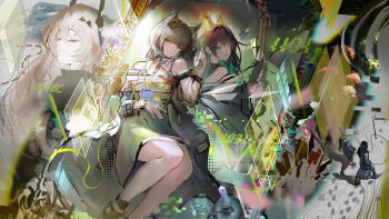 1other 4girls absurdres amiya_(arknights) animal_ear_fluff animal_ears aqua_coat aqua_jacket arknights bare_shoulders black_coat black_hair black_hands black_horns black_jacket black_shoes brown_pantyhose candle cat_girl chinese_commentary closed_eyes coat colored_extremities commentary_request detached_sleeves doctor_(arknights) feet_out_of_frame full_body green_eyes green_jacket grey_hair hand_up highres horns jacket kal'tsit_(arknights) legs long_sleeves lonki looking_at_another looking_at_viewer lying mon3tr_(arknights) multicolored_coat multicolored_jacket multiple_girls on_side open_clothes open_jacket pantyhose parted_lips pink_hair rabbit_ears rabbit_girl see-through_clothes see-through_sleeves shoes stethoscope_around_neck theresa_(arknights) thighs two-tone_coat two-tone_jacket upper_body walking watch wristwatch