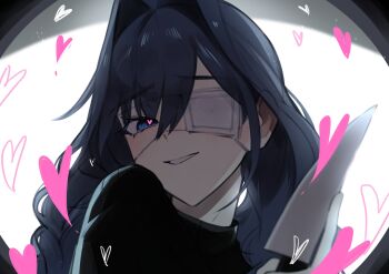 1girl absurdres black_hair blue_eyes braid eyepatch hair_between_eyes hair_intakes hashtag-only_commentary heart heart_in_eye highres holding holding_knife hololive hololive_english hunk_404 knife long_hair looking_at_viewer medical_eyepatch ouro_kronii ouro_kronii_(maid) parted_lips pov_peephole smile solo suki_suki_daisuki_(song) symbol_in_eye virtual_youtuber yandere