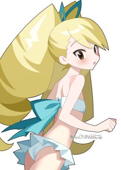 1girl 4rion absurdres artist_name bikini blonde_hair blush bow drill_hair hair_bow highres long_hair luna_platz_(mega_man) mega_man_(series) mega_man_star_force_(series) midriff parted_lips simple_background swimsuit twin_drills very_long_hair white_background white_bikini