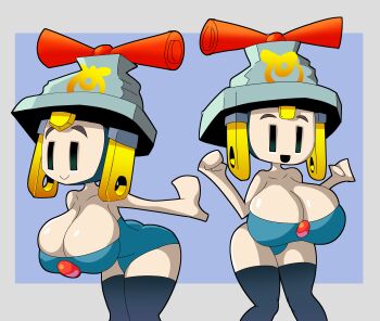 1girl absurdres black_thighhighs blue_background blue_leotard border breasts cleavage closed_mouth collarbone connie_(mario) green_eyes grey_border grey_hat hands_up hat highres large_breasts leotard mario_&amp;_luigi:brothership mario_&amp;_luigi_rpg mario_(series) nintendo open_mouth outstretched_arms simple_background smile solo spread_arms strapless strapless_leotard thighhighs yelladrill