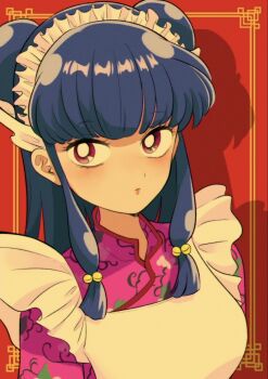 Rule 34 | 1girl, apron, bell, chinese clothes, commentary request, floral print, hair bell, hair ornament, highres, long hair, maid apron, maid headdress, obayashi kai, purple hair, ranma 1/2, red background, red eyes, shampoo (ranma 1/2), sidelocks, white apron