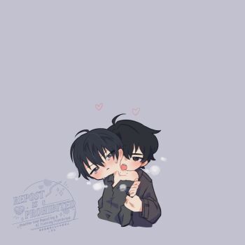 2boys :p ahoge bite_mark bite_mark_on_neck black_coat black_eyes black_hair black_shirt blush breath chibi chibi_only coat collared_shirt commentary curtained_hair english_commentary grabbing_another&#039;s_arm hair_between_eyes head_tilt highres kim_dokja kimidori_22 male_focus multiple_boys omniscient_reader&#039;s_viewpoint open_clothes open_coat popped_collar shirt short_hair tears tongue tongue_out upper_body yaoi yoo_joonghyuk