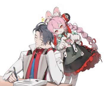 1boy 1girl :3 animal_ears animal_hands black_hair braid closed_eyes closed_mouth collared_shirt commentary damian_blackwood dress furry furry_female galaxysilver hair_ornament heart heart_hands highres jacket leaning_to_the_side long_sleeves open_clothes open_jacket open_mouth paper paper_stack pink_hair red_eyes red_shirt shirt simple_background symbol-only_commentary twin_braids white_background white_jacket zenless_zone_zero zhao_(zenless_zone_zero)