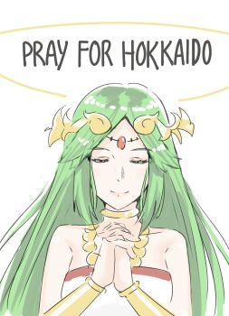 1girl bare_arms bare_shoulders closed_eyes dress female_focus green_eyes green_hair highres j@ck jewelry kid_icarus kid_icarus_uprising long_hair nintendo palutena praying smile solo tiara very_long_hair