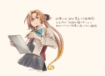 1girl akigumo_(kancolle) akigumo_kai_ni_(kancolle) aqua_bow aqua_bowtie blazer bow bowtie brown_hair clipboard commentary_request cowboy_shot dress green_eyes grey_dress halter_dress halterneck highres jacket kantai_collection kuragare left-handed mole mole_under_eye pen ponytail smile solo translation_request white_jacket