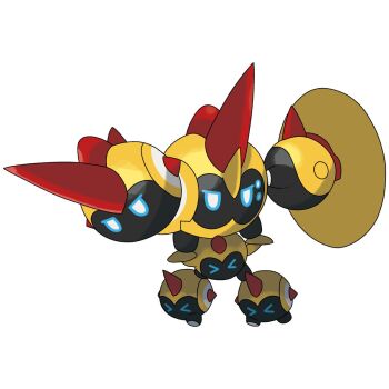 &gt;_&lt; black_skin blue_eyes cardnlh closed_eyes colored_skin falinks gen_8_pokemon gold_skin highres holding holding_shield holding_sword holding_weapon horns marching mega_falinks mega_pokemon nintendo no_humans official_style pokemon pokemon_(creature) pokemon_focus pyramid_(geometry) shield single_horn sphere_body sugimori_ken_(style) sword v-shaped_eyes weapon weapon_formation