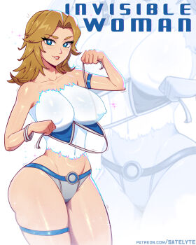 1girl absurdres armband belt blue_belt blue_bra blue_eyes blush bra bracelet breasts brown_hair collarbone covered_erect_nipples fantastic_four grey_panties grin highres invisible jewelry large_breasts long_hair looking_at_viewer marvel marvel_rivals multiple_views navel open_bra panties partially_invisible satelyte smile sparkle standing sue_storm teeth thigh_strap topless_female underwear white_background