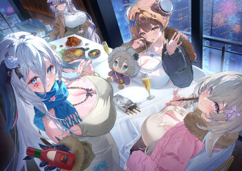 Rule 34 | 4girls, a999212, absurdres, alcohol, animal ears, bare shoulders, blue eyes, blue nails, blush, bottle, breasts, brown hair, champagne, chaos zero nightmare, character doll, city, cleavage, coat, cup, doll, double bun, drinking glass, fireworks, food, grey hair, hair bun, hair ornament, hands up, highres, holding, holding bottle, holding food, huge breasts, indoors, jewelry, khalipe (chaos zero nightmare), large breasts, long hair, looking at viewer, mole, mole under mouth, multiple girls, narja (chaos zero nightmare), necklace, one eye covered, parted lips, pink nails, purple eyes, renoa (chaos zero nightmare), scarf, sereniel (chaos zero nightmare), sideboob, stuffed toy, sweater, table, white hair, winter clothes, winter coat, yellow eyes, yuki (chaos zero nightmare)