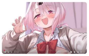 1girl areola_slip blurry blurry_background blush bow bowtie breasts brown_cardigan cardigan claw_pose clothes_lift collarbone collared_shirt fake_video fingernails hair_between_eyes hair_ornament hair_ribbon hairclip indoors katagishi large_breasts long_sleeves looking_at_viewer nijisanji open_mouth pink_eyes pink_hair pink_nails pink_ribbon red_bow red_bowtie ribbon shiina_yuika shiina_yuika_(1st_costume) shirt shirt_lift smile solo sweatdrop virtual_youtuber white_shirt youtube