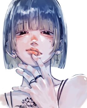 1girl black_eyes blue_hair blunt_bangs blunt_ends bob_cut closed_mouth cross cross_earrings ear_piercing earrings face_piercing finger_to_mouth flower_tattoo gradient_hair grey_hair hand_on_own_neck highres jewelry lip_piercing lip_ring looking_at_viewer mole mole_under_eye mole_under_mouth multicolored_hair ninjin_14 original piercing portrait ring simple_background solo strap tattoo white_background