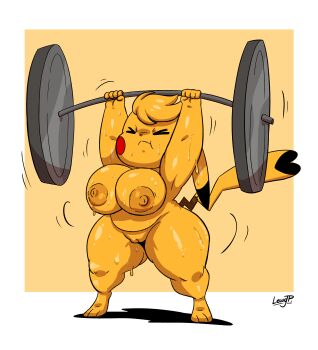 <3_tail 2021 bad_tag barbell belly big_breasts breasts chubby_anthro cleft_tail closed_eyes cosplay_pikachu cosplay_pikachu_(character) dipstick_ears dipstick_tail exercising female fitness_gym furry gen_1_pokemon highres huge_breasts joaoppereiraus kanna_(joaoppereiraus) markings midriff multicolored_ears multicolored_tail muscular nintendo nipples nude oil_up oiled oiled_up personification pikachu plump pokemon pokemon_(creature) pussy shortstack signature solo sweat tail tail_markings thick_thighs thighs weightlifting wide_hips