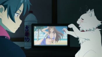 10s 1girl alcohol animal animated animated_gif bikini black_hair blush breasts cat ghost iridatsu_yuuta lowres punchline sake swimsuit