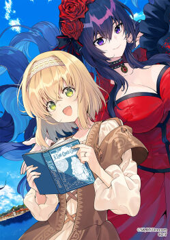 Rule 34 | 2girls, black choker, blonde hair, blue hair, blue sky, book, breasts, choker, cleavage, cloud, collarbone, colored inner hair, commentary request, constance grail, copyright notice, cover, cover page, day, dress, eris no seihai, flower, green eyes, hair flower, hair ornament, hairband, highres, holding, holding book, jewelry, large breasts, long hair, long sleeves, medium hair, multicolored hair, multiple girls, novel cover, official art, open book, open mouth, pendant choker, purple eyes, reading, red dress, red flower, red rose, ring, rose, scarlet castiel, second-party source, sky, smile, very long hair, white hairband, yuunagi (seventh heaven)
