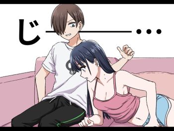 black_hair boku_no_kokoro_no_yabai_yatsu breasts brown_eyes brown_hair bulge camisole cleavage couch couple dolphin_shorts erection erection_under_clothes grabbing_another&#039;s_breast groping ichikawa_kyoutarou long_hair midriff mole mole_on_neck narumi_(62rimi) shirt shorts sitting t-shirt white_shirt yamada_anna