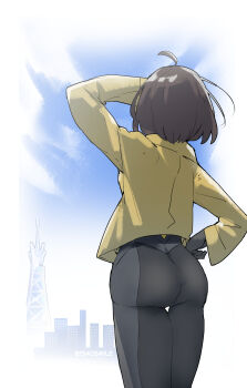 1340smile 1girl absurdres ass ass_focus bodysuit brown_hair emma_(pokemon) from_behind gloves highres jacket nintendo pokemon pokemon_legends:_z-a short_hair skin_tight solo