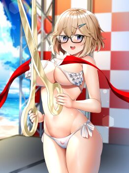 1girl absurdres accidental_exposure alice_(eroblast) beach bikini blonde_hair bouncing_breasts breasts bursting_breasts cleavage confused convenient_censoring eroblast frilled_bikini frills glasses hair_between_eyes hair_ornament hairclip highres hiroki_(hirokiart) large_breasts lens_flare on_stage purple_eyes red_ribbon ribbon scissors short_hair side-tie_bikini_bottom solo stage standing surprised swimsuit tears thick_thighs thighs wardrobe_malfunction white_bikini