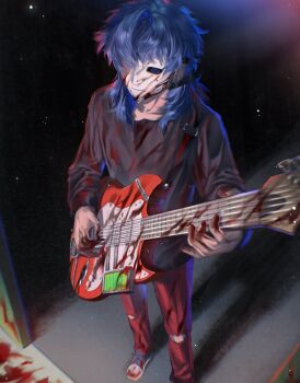 Rule 34 | 1boy, absurdres, black shirt, blood, blood on clothes, blood on face, blood on ground, blood on instrument, blood on shoes, blood splatter, blue eyes, blue hair, closed mouth, earrings, electric guitar, feet out of frame, fender stratocaster, full body, guitar, guitar strap, hashtag-only commentary, highres, holding, holding guitar, holding instrument, holding plectrum, instrument, jewelry, jtinsjng1, long sleeves, male focus, music, pants, playing guitar, playing instrument, plectrum, red pants, sal fisher, sally face, shirt, solo, standing, torn clothes, torn pants, white mask