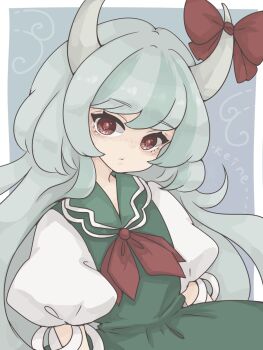 Rule 34 | 1girl, bow, character name, closed mouth, commentary request, dress, ex-keine, green dress, green hair, grey horns, harukairo, highres, horn bow, horn ornament, horns, kamishirasawa keine, long hair, looking at viewer, neckerchief, puffy short sleeves, puffy sleeves, red bow, red eyes, red neckerchief, shirt, short sleeves, sleeveless, sleeveless dress, solo, touhou, upper body, white shirt