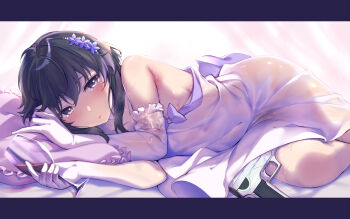1girl alcohol bed_sheet black_eyes black_hair bow commentary_request covered_navel cup detached_sleeves drinking_glass flower glass gun hair_flower hair_ornament highres hinasaki_you holding holding_cup looking_at_viewer lying on_side original short_hair sidelocks solo sweat waking_up weapon wine wine_glass