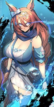 Rule 34 | 1girl, absurdres, animal ears, between breasts, blanace, blue aura, blue bag, blue boots, blue dress, blue eyes, blue scarf, boots, bow, braid, braided ponytail, breasts, brown hair, cleavage, closed mouth, dress, ear bow, eye trail, hair between eyes, highres, horse ears, horse girl, horse tail, large breasts, light trail, long hair, looking at viewer, multicolored hair, scarf, solo, strap between breasts, streaked hair, super creek (murmuring stream) (umamusume), super creek (umamusume), tail, thigh boots, umamusume, very long hair, white hair
