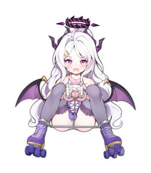 1girl ahoge black_halo blue_archive blush bound cuffs demon_girl demon_horns demon_wings halo handcuffs highres hina_(blue_archive) horns loli long_hair looking_at_viewer low_wings okazakileo open_mouth panties purple_eyes restrained roller_skates simple_background sitting skates solo underwear very_long_hair white_background white_hair white_panties wings