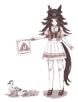 1girl animal_ears baby_animal bird blush bow closed_mouth crossing_guard duck duckling ears_through_headwear fenomeno_(umamusume) flag flipped_hair greyscale hat highres holding holding_flag horse_ears horse_girl horse_tail horseshoe_hat_ornament horseshoe_ornament long_hair monochrome nagisa_(golushi) peaked_cap puffy_short_sleeves puffy_sleeves sailor_collar sailor_shirt school_uniform shirt shoes short_sleeves simple_background skirt smile tail thighhighs tracen_school_uniform umamusume