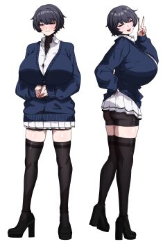 1girl :3 absurdres amx1375 arms_under_breasts bike_shorts bike_shorts_under_skirt black_boots black_hair black_thighhighs blue_cardigan blush boots breasts button_gap cardigan cardigan_lift closed_mouth collared_shirt commentary dress_shirt english_commentary full_body hand_up high_heel_boots high_heels highres huge_breasts lifting_own_clothes long_sleeves looking_at_viewer miniskirt mole mole_under_eye multiple_views narrow_eyes_oc_(amx1375) narrowed_eyes original own_hands_together pleated_skirt red_nails shirt short_hair simple_background skindentation skirt sleeves_past_wrists standing standing_on_one_leg thighhighs turtleneck turtleneck_shirt undershirt v white_background white_shirt white_skirt zettai_ryouiki