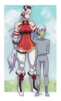 1boy 1girl absurdres animal_ears armband biceps blunt_bangs bow breasts bridle brown_hat commentary_request dress ear_bow ear_covers ear_ribbon gloves gold_ship_(red_strife)_(umamusume) gold_ship_(umamusume) grey_hair hand_on_another&#039;s_head hat height_difference highres horse_ears horse_girl horse_tail large_breasts long_hair looking_at_another minstrel_art muscular muscular_female pillbox_hat pink_eyes purple_bow red_dress size_difference sleeveless sleeveless_dress smile standing striped_armband striped_clothes t-head_trainer_(umamusume) tail tall_female thick_thighs thighhighs thighs trainer_(umamusume) umamusume white_gloves white_thighhighs