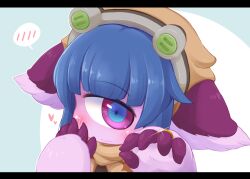 Rule 34 | 1girl, blue background, blue hair, blue pupils, blunt bangs, blush, closed mouth, colored skin, commentary request, cyclops, furry, furry female, headgear, jewelry, letterboxed, looking at viewer, made in abyss, medium bangs, one-eyed, pakkoyan, pink eyes, pink skin, ring, short hair, solo, spoken blush, two-tone background, upper body, ura r, white background