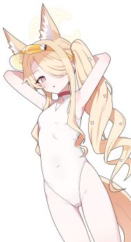1girl absurdres animal_ear_fluff animal_ears arms_behind_head blonde_hair blue_archive breasts clothing_cutout commentary covered_navel cowboy_shot cross_halo cuteshiho diamond_cutout dutch_angle fox_ears fox_girl fox_tail halo highleg highleg_one-piece_swimsuit highres long_hair looking_at_viewer official_alternate_costume official_alternate_hairstyle one-piece_swimsuit orange-tinted_eyewear orange_eyes seia_(blue_archive) seia_(swimsuit)_(blue_archive) side_ponytail simple_background small_breasts solo sunglasses swimsuit symbol-only_commentary tail tinted_eyewear visor_cap white_background white_one-piece_swimsuit yellow_halo yellow_visor