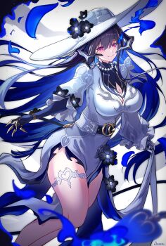 1girl anoma_(anomamama) black_hair blue_fire blue_hair breasts claws cleavage colored_inner_hair commentary_request constance_(honkai:_star_rail) demon_girl demon_horns demon_tail dress fire hat highres honkai:_star_rail honkai_(series) horns jewelry large_breasts long_hair looking_at_viewer multicolored_hair necklace pearl_necklace purple_eyes smile solo tail thighs two-tone_hair very_long_hair white_dress white_hat